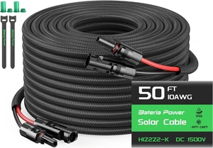 Bateria Power 1 Pair 50FT Solar Cables, 10 Gauge Solar Extension Cable with IP68 Female & Male Waterproof Connectors and Dust Caps for RV, Photovoltaic Systems Bateria Power 1 Pair 50FT Solar Cables, 10 Gauge Solar Extension Cable with IP68 Female & Male Waterproof Connectors and Dust Caps for RV, Photovoltaic Systems