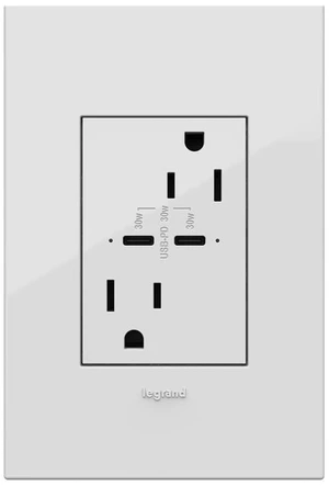 adorne 15A Tamper-Resistant Ultra-Fast Plus Power Delivery USB Type-C/C Outlet in White with Matching Wall Plate, ARTRUSB15PD30W4 Legrand adorne 15A Tamper-Resistant Ultra-Fast Plus Power Delivery USB Type-C/C Outlet in White with Matching Wall Plate, ARTRUSB15PD30W4 Legrand