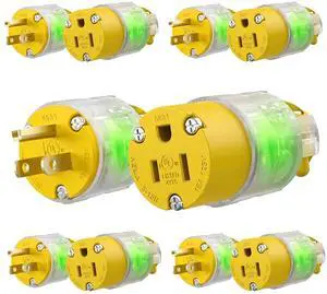 5 Set Lighted Extension Cord Ends, 15A 125V Extension Cord Replacement Ends 3 Prong, NEMA 5-15P & 5-15R , Lighted Plug and Connector Set for RV, Welding Equipment, UL Listed, Yellow 5 Set Lighted Extension Cord Ends, 15A 125V Extension Cord Replacement Ends 3 Prong, NEMA 5-15P & 5-15R , Lighted Plug and Connector Set for RV, Welding Equipment, UL Listed, Yellow