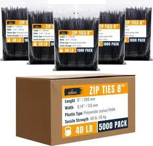 ALBO Zip Ties Black 8 Inch 5000 Pack 40 lb, Long Plastic Cable Ties Thick 0.14 Inch Tie Wraps Heavy Duty UV Resistant Nylon Wire Ties for Indoor and Outdoor ALBO Zip Ties Black 8 Inch 5000 Pack 40 lb, Long Plastic Cable Ties Thick 0.14 Inch Tie Wraps Heavy Duty UV Resistant Nylon Wire Ties for Indoor and Outdoor