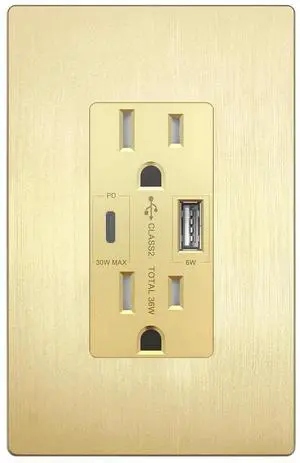 LIDER USB-C 36W Power Delivery Wall Outlet, Duplex Tamper-Resistant Receptacle with USB Type-C/USB Type-A Charging Ports, Modern, UL Listed, Screwless Wall Plate Included, Brushed Gold LIDER USB-C 36W Power Delivery Wall Outlet, Duplex Tamper-Resistant Receptacle with USB Type-C/USB Type-A Charging Ports, Modern, UL Listed, Screwless Wall Plate Included, Brushed Gold