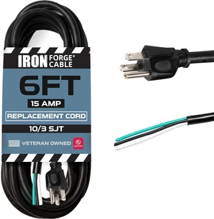 Iron Forge Cable 10 Gauge Power Cord Replacement - 6ft,15 Amp Black Heavy Duty Extension Cord, 10/3 SJT 3 Prong Electric Cable - 3 Wire for Appliances & Power Tools, NEMA 5-15P Iron Forge Cable 10 Gauge Power Cord Replacement - 6ft,15 Amp Black Heavy Duty Extension Cord, 10/3 SJT 3 Prong Electric Cable - 3 Wire for Appliances & Power Tools, NEMA 5-15P