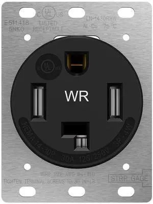 LIDER 30 Amp Flush Dryer Receptacle, NEMA 14-30R, 125/250V, Heavy-Duty Weather Resistant Outlet, EV Grade, Outdoor/Indoor, 2.40" Diameter, Self-Grounding, 3-Pole 4-Wire, UL Listed, Nylon, Matte Black LIDER 30 Amp Flush Dryer Receptacle, NEMA 14-30R, 125/250V, Heavy-Duty Weather Resistant Outlet, EV Grade, Outdoor/Indoor, 2.40" Diameter, Self-Grounding, 3-Pole 4-Wire, UL Listed, Nylon, Matte Black
