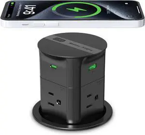 ANNQUAN 3.15" Pop Up Countertop Outlet with 15W Wireless Charger,Max 65W Power Delivery,Pop Up Electrical Outlet with 4 Outlets 4 USB Ports ANNQUAN 3.15" Pop Up Countertop Outlet with 15W Wireless Charger,Max 65W Power Delivery,Pop Up Electrical Outlet with 4 Outlets 4 USB Ports