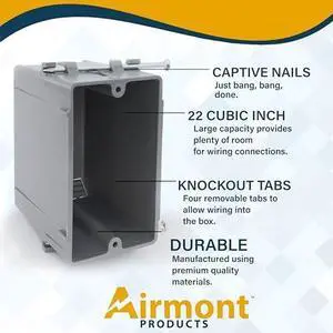 (16 Pack) 22 Cubic Inch Plastic Electrical Box, Grey Deep Outlet Box, One Gang New Work Junction Box, Captive Nails, Length 3.75'', Width 2.25'', Depth 2.9'', PVC Outlet Box, 22.5 Cu. in. Capacity (16 Pack) 22 Cubic Inch Plastic Electrical Box, Grey Deep Outlet Box, One Gang New Work Junction Box, Captive Nails, Length 3.75'', Width 2.25'', Depth 2.9'', PVC Outlet Box, 22.5 Cu. in. Capacity