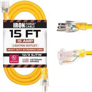 IRON FORGE CABLE 15 Foot Lighted Outdoor Extension Cord - 12/3 SJTW Heavy Duty Yellow Extension Cable with 3 Prong Grounded Plug for Safety, 15 AMP - Great for Garden and Major Appliances IRON FORGE CABLE 15 Foot Lighted Outdoor Extension Cord - 12/3 SJTW Heavy Duty Yellow Extension Cable with 3 Prong Grounded Plug for Safety, 15 AMP - Great for Garden and Major Appliances