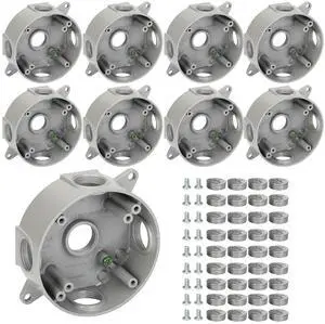 Gray Aluminum Round Weatherproof Outlet Box, 9 Pack with 5 Outlet Holes, 3/4" Dia, Includes Accessory Kit for Easy Installation, CUL Listed Gray Aluminum Round Weatherproof Outlet Box, 9 Pack with 5 Outlet Holes, 3/4" Dia, Includes Accessory Kit for Easy Installation, CUL Listed