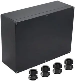 ABS Plastic IP65 Waterproof Electrical Project Case with 4 M16 Cable Glands, Black, 11.42x8.27x3.94 inch (290 x 210 x100 mm), Includes Box, Screws, Gasket, Cable Glands ABS Plastic IP65 Waterproof Electrical Project Case with 4 M16 Cable Glands, Black, 11.42x8.27x3.94 inch (290 x 210 x100 mm), Includes Box, Screws, Gasket, Cable Glands