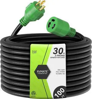 RVMATE 3 Prong 30 Amp Generator Extension Cord 100 Feet, NEMA L5-30P/L5-30R 125V SJTW Jacket RVMATE 3 Prong 30 Amp Generator Extension Cord 100 Feet, NEMA L5-30P/L5-30R 125V SJTW Jacket