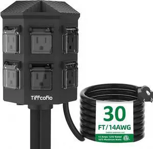 Tiffcofio Outdoor Power Extension with Stake, 9 Meters Waterproof Cable, 6 Grounded Outlets for Outdoor Lighting, 14 Awg, 15A/1875W, Etl Certified Tiffcofio Outdoor Power Extension with Stake, 9 Meters Waterproof Cable, 6 Grounded Outlets for Outdoor Lighting, 14 Awg, 15A/1875W, Etl Certified