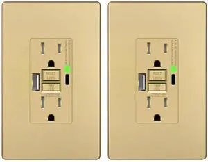 LIDER 15A GFCI USB Outlet, Tamper-Resistant, Self-Test, 4.2A USB A&C, LED Indicator, ETL Listed, Anti-Interference (No-False-Trip) Protection, Screwless Wall Plate, Gold, 2 Pack LIDER 15A GFCI USB Outlet, Tamper-Resistant, Self-Test, 4.2A USB A&C, LED Indicator, ETL Listed, Anti-Interference (No-False-Trip) Protection, Screwless Wall Plate, Gold, 2 Pack