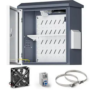Outdoor Electrical Box with Thermostat and Fan, Heavy Duty Lockable Weatherproof Junction Enclosure for Network, Security Camera and Solar Equipment, Vented IP65 Cabinet with Wall and Pole Mount Outdoor Electrical Box with Thermostat and Fan, Heavy Duty Lockable Weatherproof Junction Enclosure for Network, Security Camera and Solar Equipment, Vented IP65 Cabinet with Wall and Pole Mount