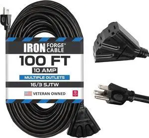 Iron Forge Cable 100 Ft Black Extension Cord with 3 Outlets - 16/3 SJTW 100 Foot Extension Cord 3 Prong, Weatherproof Exterior Power Cable for Outdoor Iron Forge Cable 100 Ft Black Extension Cord with 3 Outlets - 16/3 SJTW 100 Foot Extension Cord 3 Prong, Weatherproof Exterior Power Cable for Outdoor