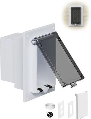 DBVR1W-1 Low Profile IN BOX Exterior Box, Outdoor Recessed Outlet, Waterproof, Plastic & Stainless Steel, White, Includes Screws, NM Cable Connector, Gap-Filling Tool DBVR1W-1 Low Profile IN BOX Exterior Box, Outdoor Recessed Outlet, Waterproof, Plastic & Stainless Steel, White, Includes Screws, NM Cable Connector, Gap-Filling Tool