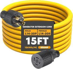 Tellegloww 15 ft NEMA L14-20P/R Generator Extension Cord NEMA L14-20P Male to L14-20R Female 4 Prong Twist Locking Generator Power Cord, SJTW 4x12 Gauge, 20 Amp 250 Volt 5000 Watts, ETL Listed Tellegloww 15 ft NEMA L14-20P/R Generator Extension Cord NEMA L14-20P Male to L14-20R Female 4 Prong Twist Locking Generator Power Cord, SJTW 4x12 Gauge, 20 Amp 250 Volt 5000 Watts, ETL Listed