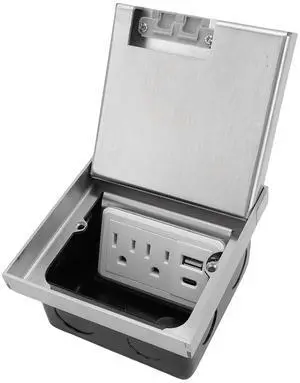Stainless Steel Recessed Floor Electrical Outlet Box Kit | 3 Prong Socket USB A USB C Ports, Floor Power Receptacle For Home Renovation Projects Stainless Steel Recessed Floor Electrical Outlet Box Kit | 3 Prong Socket USB A USB C Ports, Floor Power Receptacle For Home Renovation Projects
