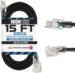 Iron Forge Cable 15 ft Lighted Outdoor Extension Cord - 10 Gauge Heavy Duty Extension Cord Black 15 Amp with 3 Prong Grounded Plug, Weatherproof Power Cable for Outside Iron Forge Cable 15 ft Lighted Outdoor Extension Cord - 10 Gauge Heavy Duty Extension Cord Black 15 Amp with 3 Prong Grounded Plug, Weatherproof Power Cable for Outside