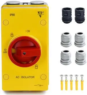 63Amp Disconnect Switch Box Outdoor, Isolator Switch, 4 Pole, IP66 Waterproof Isolation PV 3 Phase Disconnect Switch On Off 2 Position 63Amp Disconnect Switch Box Outdoor, Isolator Switch, 4 Pole, IP66 Waterproof Isolation PV 3 Phase Disconnect Switch On Off 2 Position