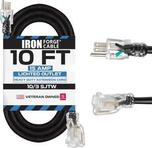 Iron Forge Cable 10 Gauge Extension Cord 10 ft, 10/3 Heavy Duty Extension Cord 3 Prong Lighted End, SJTW Weatherproof Black Power Cable for Major Appliances, 15 AMP - US Veteran Owned Iron Forge Cable 10 Gauge Extension Cord 10 ft, 10/3 Heavy Duty Extension Cord 3 Prong Lighted End, SJTW Weatherproof Black Power Cable for Major Appliances, 15 AMP - US Veteran Owned