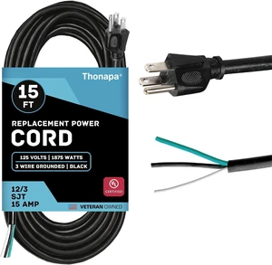 Thonapa 15 Foot 12 AWG Power Cord Replacement with Open End - 3 Prong Replacement Cord, 12/3 SJT, NEMA 5-15P Replacement Power Cable 3 Prong for Major Appliances - Black Thonapa 15 Foot 12 AWG Power Cord Replacement with Open End - 3 Prong Replacement Cord, 12/3 SJT, NEMA 5-15P Replacement Power Cable 3 Prong for Major Appliances - Black
