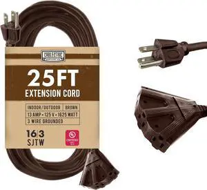 25 Ft Brown Extension Cord with 3 Electrical Power Outlet - 16/3 SJTW Heavy Duty Cable with 3 Prong Plug for Safety, 13 AMP for Heavy Appliances, Garden, Lawn, Lightning Decoration 25 Ft Brown Extension Cord with 3 Electrical Power Outlet - 16/3 SJTW Heavy Duty Cable with 3 Prong Plug for Safety, 13 AMP for Heavy Appliances, Garden, Lawn, Lightning Decoration
