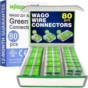 WAGO 221 Series Green Range 80pc Compact Splicing Wire Connectors | Includes (40x 221-422) (25x 221-423) (15x 221-425) | WAGO Green Connectors | 221 Lever Nuts Electrical | (2-Port) (3-Port) (5-Port) WAGO 221 Series Green Range 80pc Compact Splicing Wire Connectors | Includes (40x 221-422) (25x 221-423) (15x 221-425) | WAGO Green Connectors | 221 Lever Nuts Electrical | (2-Port) (3-Port) (5-Port)