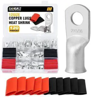 Sanuke 120Pcs AWG 8 6 4 2 Copper Wire Lugs with Heat Shrink Set, 60Pcs Heavy Duty Battery Cable Closed End Tubular Ring Terminals Connectors Sanuke 120Pcs AWG 8 6 4 2 Copper Wire Lugs with Heat Shrink Set, 60Pcs Heavy Duty Battery Cable Closed End Tubular Ring Terminals Connectors