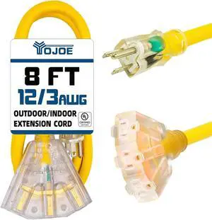 YOJOE 3-Outlets Indoor Outdoor Extension Cord with Lighted End, 3 Prong 15A Weatherproof Power Cord, 12 Gauge Heavy Duty 8 ft Yellow Extension Cord Multiple Outlets, 12/3 SJTW UL Listed YOJOE 3-Outlets Indoor Outdoor Extension Cord with Lighted End, 3 Prong 15A Weatherproof Power Cord, 12 Gauge Heavy Duty 8 ft Yellow Extension Cord Multiple Outlets, 12/3 SJTW UL Listed