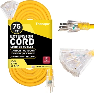 THONAPA 10 Gauge Outdoor Extension Cord 75 ft with 3 Outlets - Weatherproof Heavy Duty Extension Cord, Multiple Outlets 75 Foot, 10/3 SJTW Yellow Cable with 3 Prong Grounded Plug, 15 Amp THONAPA 10 Gauge Outdoor Extension Cord 75 ft with 3 Outlets - Weatherproof Heavy Duty Extension Cord, Multiple Outlets 75 Foot, 10/3 SJTW Yellow Cable with 3 Prong Grounded Plug, 15 Amp