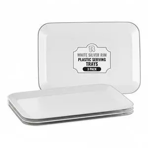 3 Pack Silver Plastic Serving Trays for Party - Silver Rim Serving Tray 8 x 11 Inch - Heavy Duty Dessert Trays for Food - Rectangular Party Serving Trays for Entertaining 3 Pack Silver Plastic Serving Trays for Party - Silver Rim Serving Tray 8 x 11 Inch - Heavy Duty Dessert Trays for Food - Rectangular Party Serving Trays for Entertaining