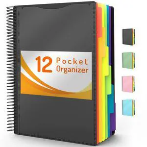 12 Pocket Project Organizer, 1/6-cut Tab Binder Organizer with Sticky Labels, Multi Pocket Folder with Zipper Pouch, Folder Binder Spiral Pocket Notebook, Office Supplies, Letter Size, Black 12 Pocket Project Organizer, 1/6-cut Tab Binder Organizer with Sticky Labels, Multi Pocket Folder with Zipper Pouch, Folder Binder Spiral Pocket Notebook, Office Supplies, Letter Size, Black