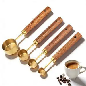 Gold Measuring Spoons Set of 4, Stainless Steel Coffee Measuring Scoop with Wooden Handles Teaspoon Measuring Cups for Coffee Tea Spices Cooking Baking Gold Measuring Spoons Set of 4, Stainless Steel Coffee Measuring Scoop with Wooden Handles Teaspoon Measuring Cups for Coffee Tea Spices Cooking Baking
