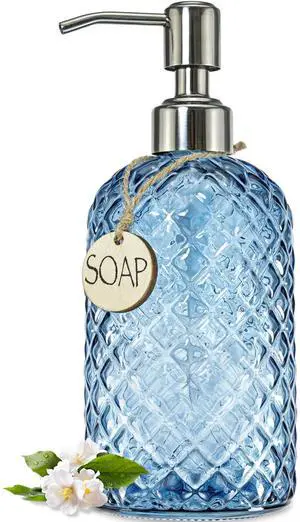 18Oz Gem Patterned Glass Soap Dispenser for Kitchen and Bathroom, Refillable with Rust Proof Stainless Steel Pump (Blue) 18Oz Gem Patterned Glass Soap Dispenser for Kitchen and Bathroom, Refillable with Rust Proof Stainless Steel Pump (Blue)