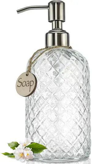 18Oz Gem Patterned Clear Glass Soap Dispenser with Rust Proof Pump, Refillable Hand soap Dispenser for Kitchen, Premium Bathroom Soap Dispenser for Dish Soap, Hand soap, Lotion(Clear). 18Oz Gem Patterned Clear Glass Soap Dispenser with Rust Proof Pump, Refillable Hand soap Dispenser for Kitchen, Premium Bathroom Soap Dispenser for Dish Soap, Hand soap, Lotion(Clear).