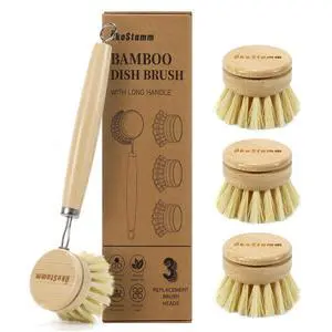 Bamboo Dish Brush with Long Handle - Natural Dish Scrubber Brush Set Includes 4 Replacement Brush Heads, Sisal Bristle Bamboo Brush for Dishes, Pans, Pot, Fruit and Veggie Bamboo Dish Brush with Long Handle - Natural Dish Scrubber Brush Set Includes 4 Replacement Brush Heads, Sisal Bristle Bamboo Brush for Dishes, Pans, Pot, Fruit and Veggie