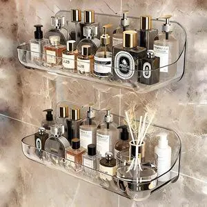 2 PCS Acrylic Wall Mounted Transparent Shelf, Non Drilled Wall Adhesive Bathroom Shelf with Self-adhesive Tape, Suitable for Storage in Bathrooms and Kitchens 2 PCS Acrylic Wall Mounted Transparent Shelf, Non Drilled Wall Adhesive Bathroom Shelf with Self-adhesive Tape, Suitable for Storage in Bathrooms and Kitchens