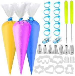 129Pcs Piping Bags and Tips Set - 100 12Inch Disposable Tipless Piping Bags for Royal Icing - Cake Decorating Baking Tools with 7 Frosting Tips, 10 Bag Ties, 2 Scriber Needle,6 Cookie Cutters 129Pcs Piping Bags and Tips Set - 100 12Inch Disposable Tipless Piping Bags for Royal Icing - Cake Decorating Baking Tools with 7 Frosting Tips, 10 Bag Ties, 2 Scriber Needle,6 Cookie Cutters