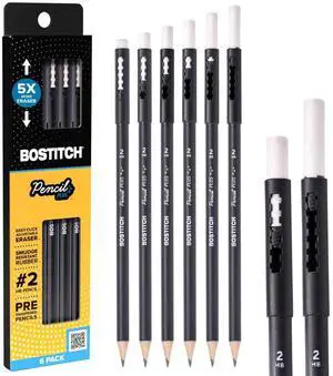 , Wood-Cased Pencil Plus, Retractable Eraser, American Cedar Wood, #2 HB, Round, Matte Black, Pre-sharpened, Six Pack , Wood-Cased Pencil Plus, Retractable Eraser, American Cedar Wood, #2 HB, Round, Matte Black, Pre-sharpened, Six Pack