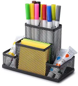 Pen Holder and Desk Organizer Caddy, 4 Compartment Storage for Pencils Pens Sticky Notes Office Desk Accessories for Home Office,Black Steel Mesh (1/4/24/96) (1 pc) Pen Holder and Desk Organizer Caddy, 4 Compartment Storage for Pencils Pens Sticky Notes Office Desk Accessories for Home Office,Black Steel Mesh (1/4/24/96) (1 pc)