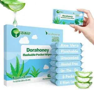 Flushable Travel Wipes with Aloe Vera, 99% Water Moisturizing Mini Wet Wipes for Sensitive Skin, Unscented Pocket Wipes for On The Go Travel Essentials, Total 48 Count (8 Packs of 6) Flushable Travel Wipes with Aloe Vera, 99% Water Moisturizing Mini Wet Wipes for Sensitive Skin, Unscented Pocket Wipes for On The Go Travel Essentials, Total 48 Count (8 Packs of 6)