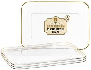 6 Pack Plastic Serving Trays for Party - 8 x 11 Disposable Serving Tray - Heavy Duty Gold Dessert Trays (Clear) 6 Pack Plastic Serving Trays for Party - 8 x 11 Disposable Serving Tray - Heavy Duty Gold Dessert Trays (Clear)