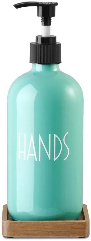 Turquoise Glass Hand Soap Dispenser with Acacia Wood Tray, 16 oz Refillable Hand Soap Pump Bottle, Decorative Teal Countertop Soap Dispenser Set for Kitchen, Bathroom, Restaurant Turquoise Glass Hand Soap Dispenser with Acacia Wood Tray, 16 oz Refillable Hand Soap Pump Bottle, Decorative Teal Countertop Soap Dispenser Set for Kitchen, Bathroom, Restaurant