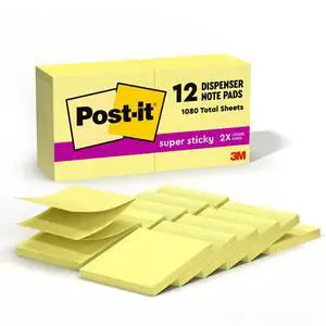 Super Sticky Dispenser Pop-up Notes, 12 Sticky Note Pads, 3 x 3 in., 2X the Sticking Power, Back to School Supplies for Students, Memo Pads for Textbooks, Canary Yellow Super Sticky Dispenser Pop-up Notes, 12 Sticky Note Pads, 3 x 3 in., 2X the Sticking Power, Back to School Supplies for Students, Memo Pads for Textbooks, Canary Yellow