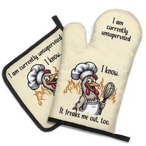 I Am Currently Unsupervised I Know It Freaks Me Out Too Funny Oven Mitts and Pot Holder Set, Funny Chicken Lover Gifts, Humor Sarcastic Baking Gifts for Men Women Animal Lover Friend Dad I Am Currently Unsupervised I Know It Freaks Me Out Too Funny Oven Mitts and Pot Holder Set, Funny Chicken Lover Gifts, Humor Sarcastic Baking Gifts for Men Women Animal Lover Friend Dad
