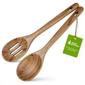 2Pcs Wooden Cooking Spoons for Cooking, No Scratch Wooden Spoons Set of Slotted Spoon & Serving Spoon, Natural Teak Wood Utensils Set for Cooking, Serving & Mixing 2Pcs Wooden Cooking Spoons for Cooking, No Scratch Wooden Spoons Set of Slotted Spoon & Serving Spoon, Natural Teak Wood Utensils Set for Cooking, Serving & Mixing