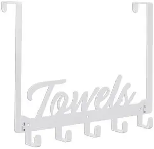 Over The Door Hooks, Towel Rack for Bathroom & Bedroom, Heavy Duty Over Door Towel Hanger with 5 Coat Hooks, White Over The Door Hooks, Towel Rack for Bathroom & Bedroom, Heavy Duty Over Door Towel Hanger with 5 Coat Hooks, White