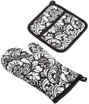 Quilted Kitchen Oven Mitt & Potholder Set, Hanging Loop for Convenient Storage, OM 6.5x12/PH 8x8.5, Black Damask Print, 2 Piece Quilted Kitchen Oven Mitt & Potholder Set, Hanging Loop for Convenient Storage, OM 6.5x12/PH 8x8.5, Black Damask Print, 2 Piece