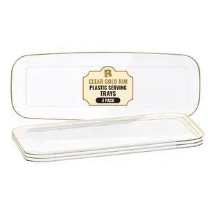 4 Pack Plastic Serving Trays For Party - Gold Serving Tray 17 by 6.5 Inch - Heavy Duty Clear Trays For Food - Long Party Serving Trays For Entertaining - Clear Platters 4 Pack Plastic Serving Trays For Party - Gold Serving Tray 17 by 6.5 Inch - Heavy Duty Clear Trays For Food - Long Party Serving Trays For Entertaining - Clear Platters