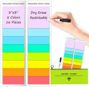 Dry Erase Sticky Notes - Reusable Whiteboard Stickers 8 Colors 3"x3"-16 Pack. Suitable for All Smooth Surface.Great for Labels, Lists, Reminders and Decals-Washable,Removable Dry Erase Sticky Notes - Reusable Whiteboard Stickers 8 Colors 3"x3"-16 Pack. Suitable for All Smooth Surface.Great for Labels, Lists, Reminders and Decals-Washable,Removable
