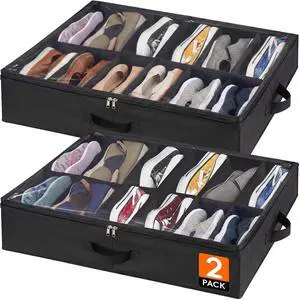 Under Bed Shoe Storage Organizer 2 Pack(12 Shoes Cells), 4.3 Inches Profile Fabric Shoes Container Box with Clear Cover, Foldable Storage Bag with 2 Handles, Fits 12 to 24 Pairs Under Bed Shoe Storage Organizer 2 Pack(12 Shoes Cells), 4.3 Inches Profile Fabric Shoes Container Box with Clear Cover, Foldable Storage Bag with 2 Handles, Fits 12 to 24 Pairs